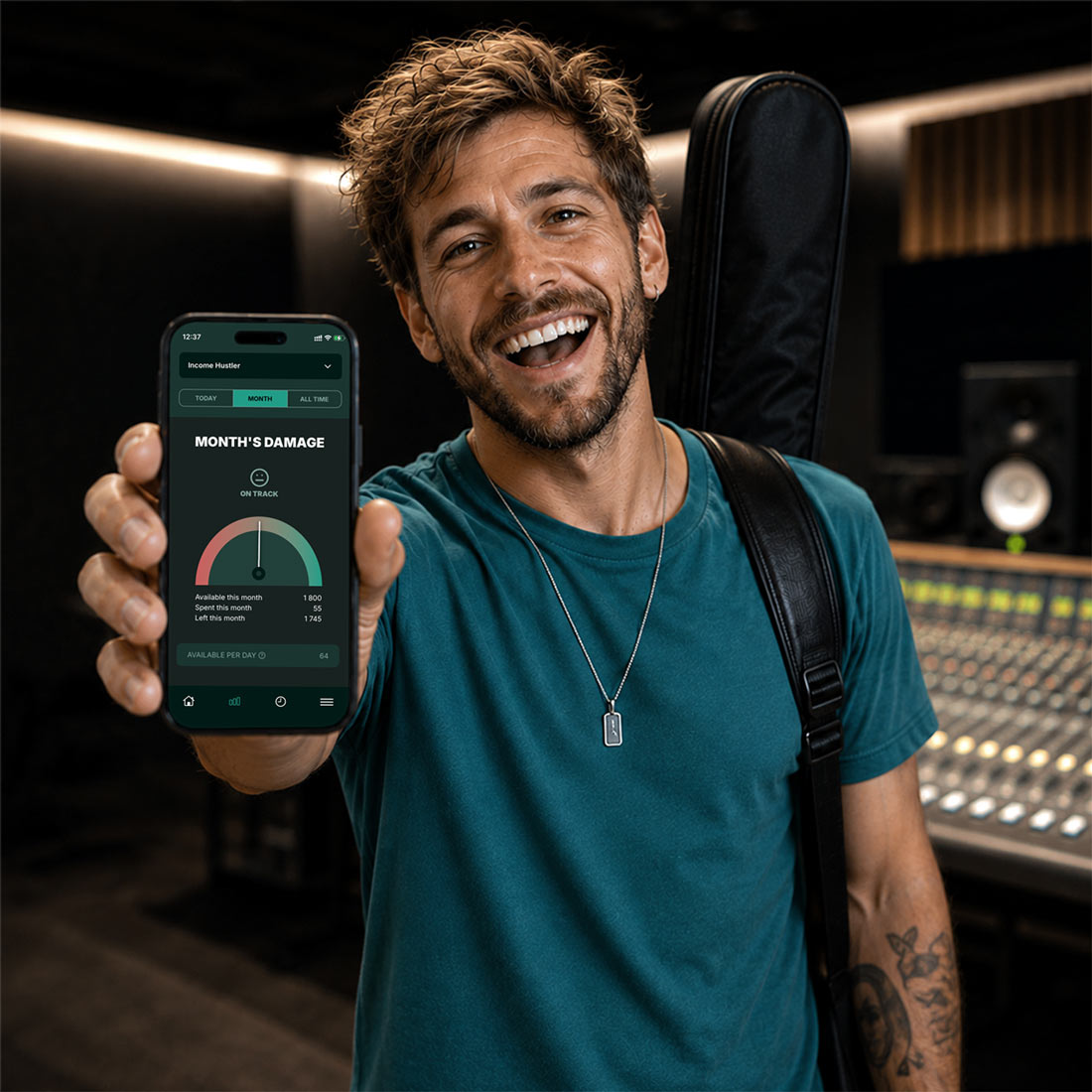 Musician holding a phone displaying the FAK Income Hustler budget